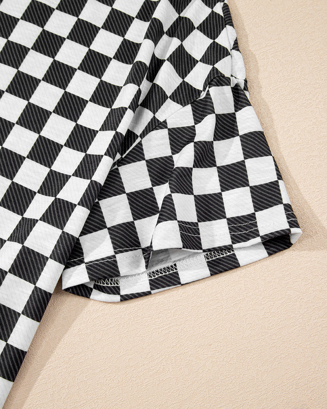 Black Checkerboard T Shirt and High Waist Skorts 2 Piece Outfit set