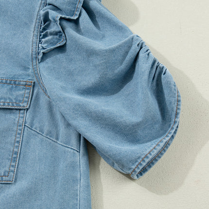 Myosotis Ruffle Detail Short Puff Sleeve Button Down Flap Pocket Denim Shirt