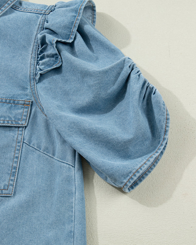 Myosotis Ruffle Detail Short Puff Sleeve Button Down Flap Pocket Denim Shirt