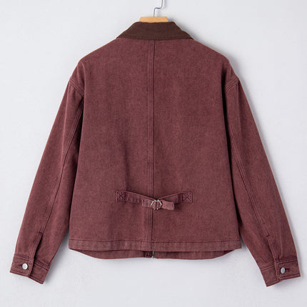 Coffee Corduroy Collar Zipped Front Denim Jacket