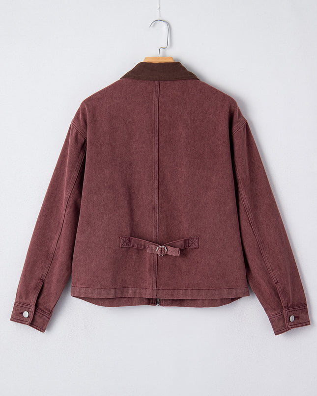 Coffee Corduroy Collar Zipped Front Denim Jacket