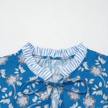 Blue Floral Print Button Tie Neck Striped Detail Short Sleeve Blouse