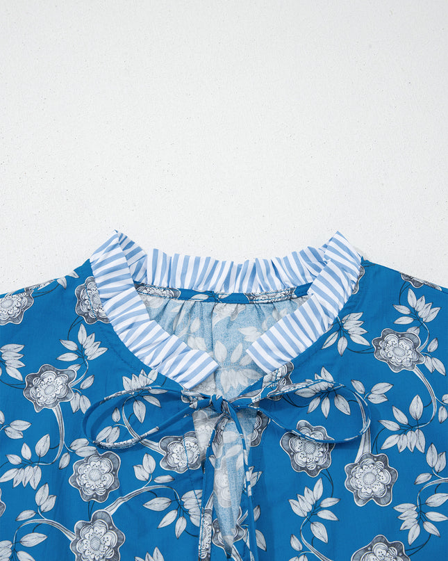 Blue Floral Print Button Tie Neck Striped Detail Short Sleeve Blouse