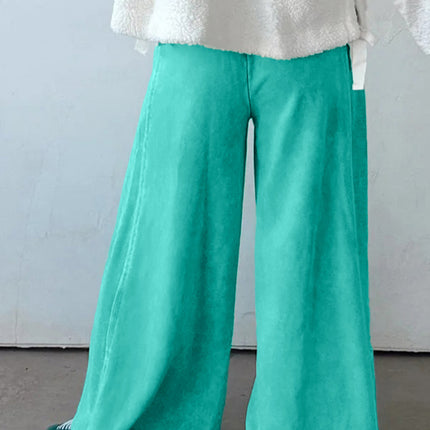 Sea Green Drawstring Elastic Waist Raw Hem Loose Pants