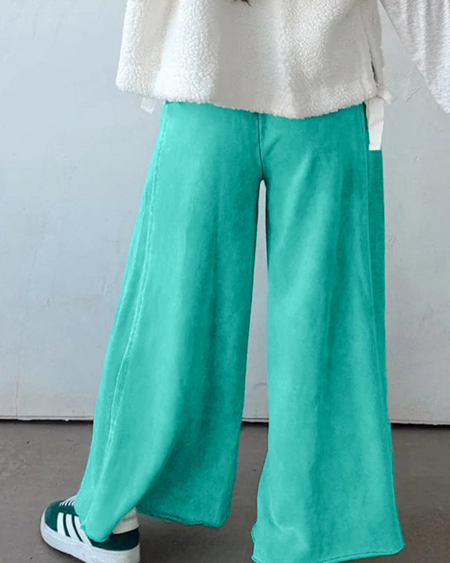Sea Green Drawstring Elastic Waist Raw Hem Loose Pants