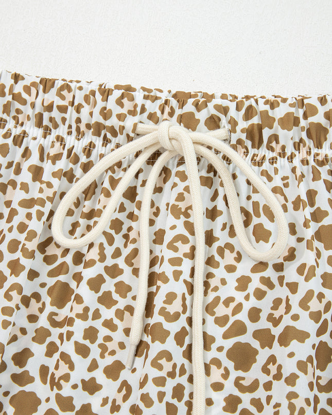 Brown Leopard Drawstring Elastic Waistband Loose Pants