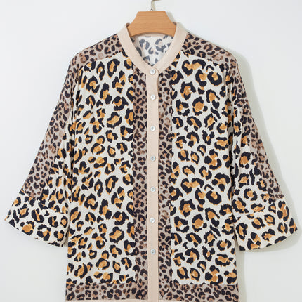 Khaki Mixed Leopard Patchwork 3/4 Sleeve Loose Shirt