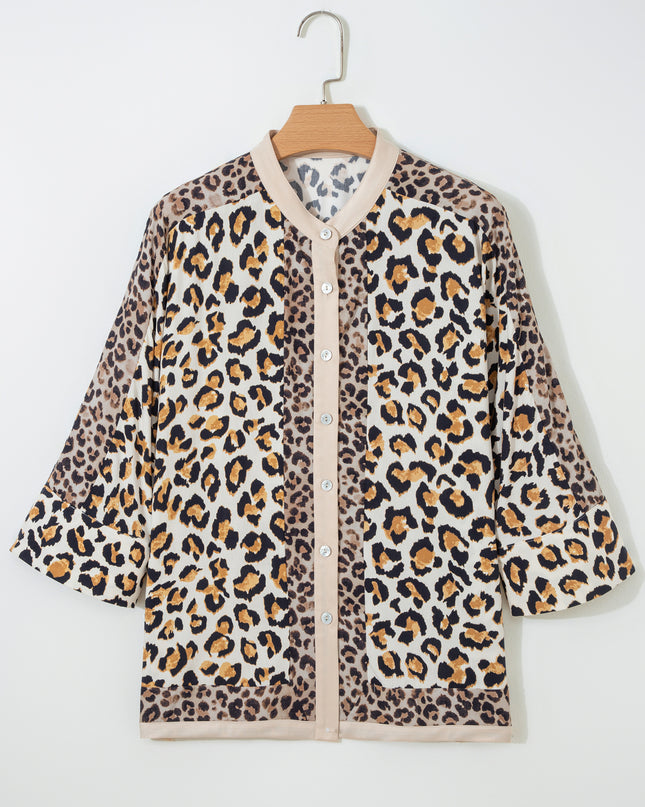 Khaki Mixed Leopard Patchwork 3/4 Sleeve Loose Shirt