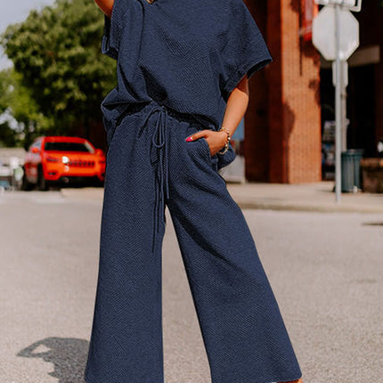 Black Textured Loose Fit T Shirt and Drawstring Pants Set