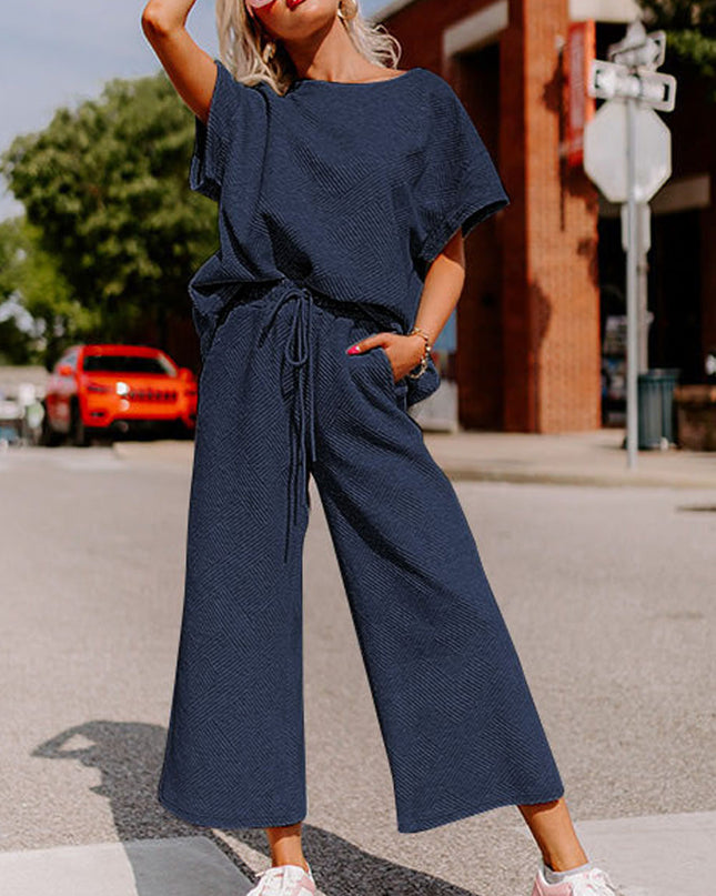 Black Textured Loose Fit T Shirt and Drawstring Pants Set