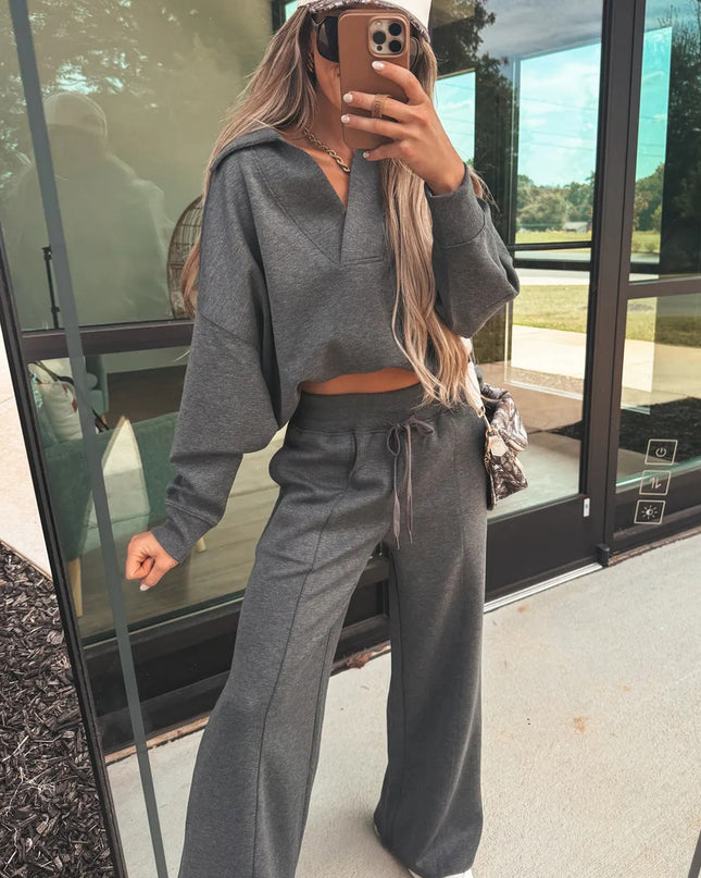 Medium Grey Collared V Neck Pullover Sweatshirt Sweatpants Set