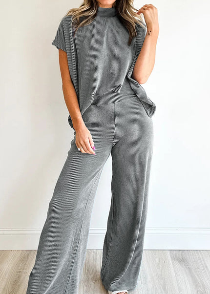 Dark Grey Twisted Ribbed High Neck Loose Tee Elastic High Waist Loose Pant Set