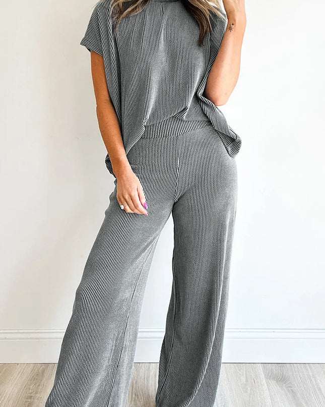 Dark Grey Twisted Ribbed High Neck Loose Tee Elastic High Waist Loose Pant Set