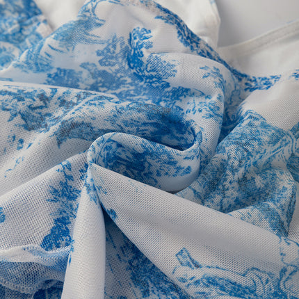 Sky Blue Random Printed Mesh Bow Detail Halterneck Tank Top