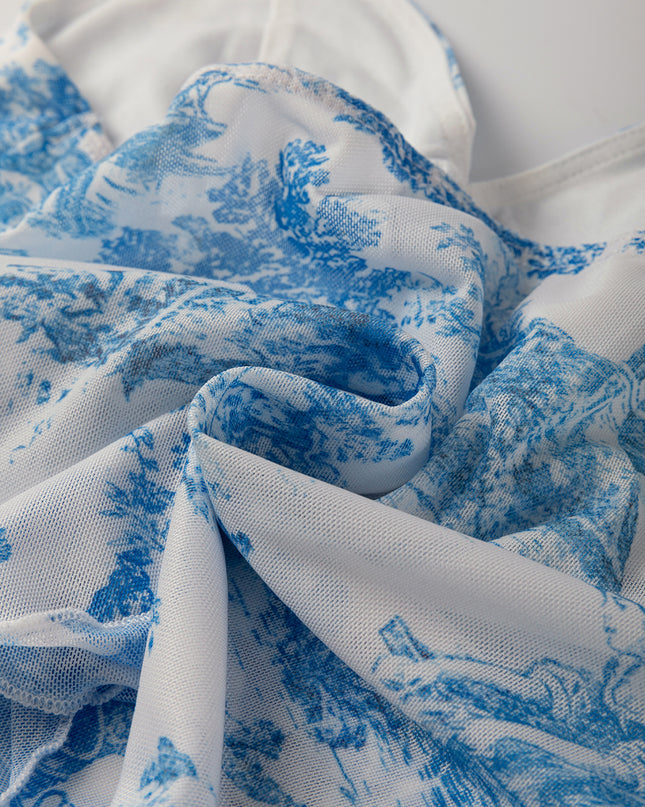 Sky Blue Random Printed Mesh Bow Detail Halterneck Tank Top