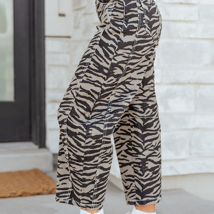 Gray Zebra Stripe Printed Wide Leg Jeans