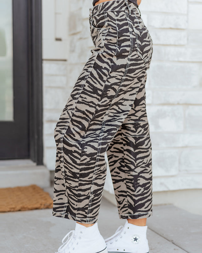 Gray Zebra Stripe Printed Wide Leg Jeans