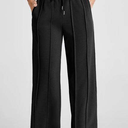 Black Seamed Drawstring High Waist Wide Leg Sweatpants