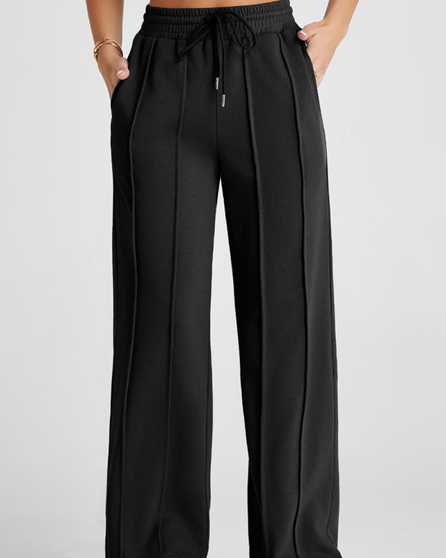 Black Seamed Drawstring High Waist Wide Leg Sweatpants