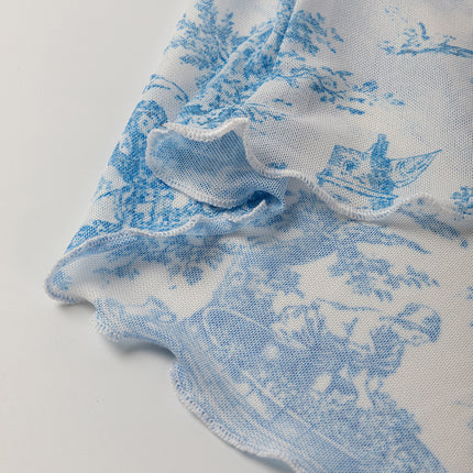 Sky Blue Random Printed Mesh Bow Detail Halterneck Tank Top