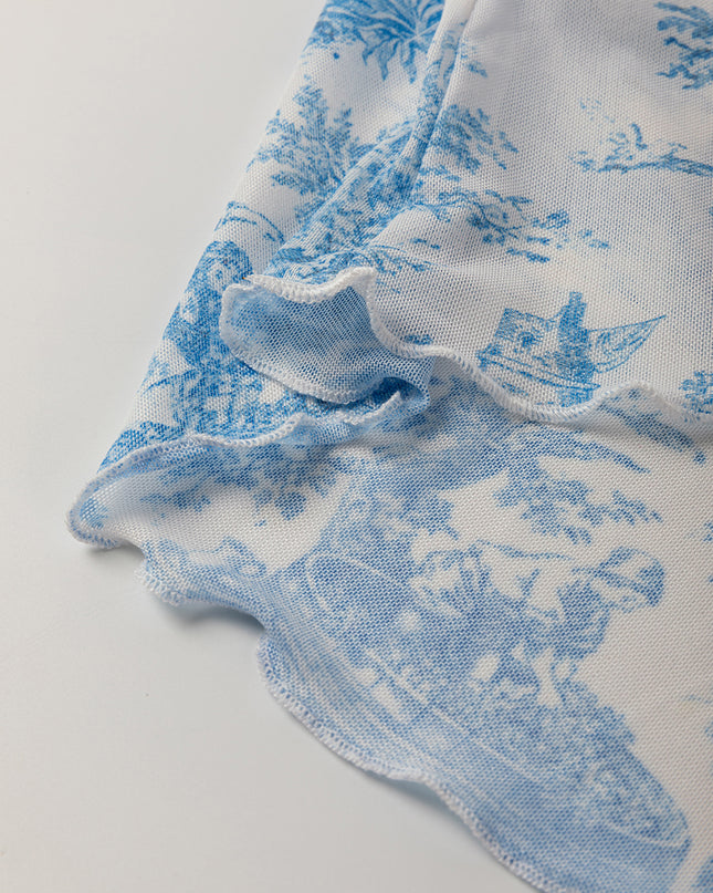 Sky Blue Random Printed Mesh Bow Detail Halterneck Tank Top