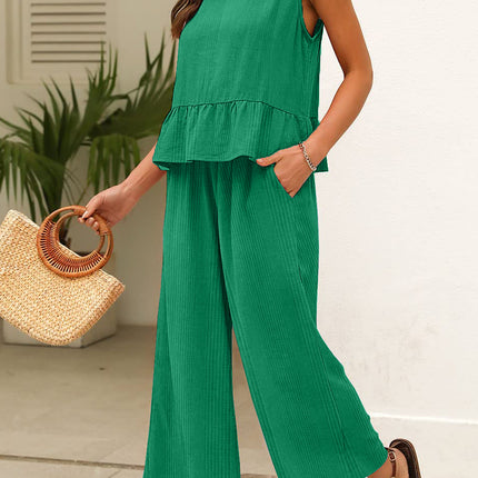 Beau Blue Solid Color Ribbed Ruffle Tank Top and Pants Set