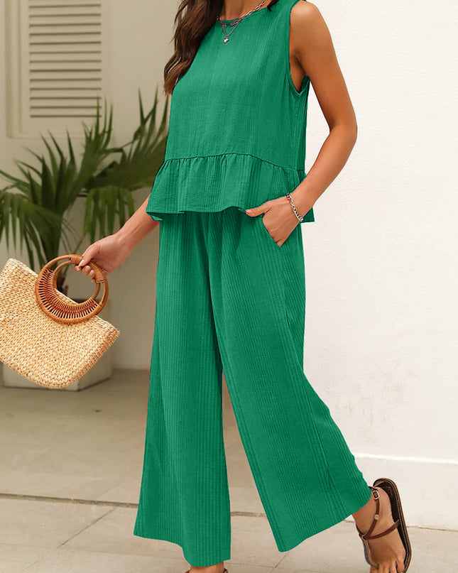 Beau Blue Solid Color Ribbed Ruffle Tank Top and Pants Set
