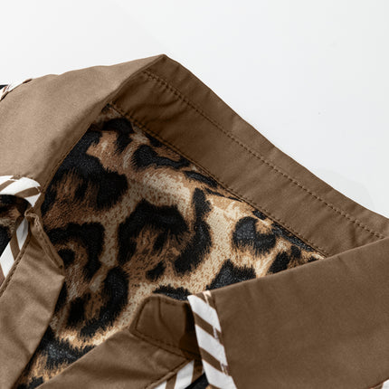 Brown Leopard Collared 3/4 Sleeve Shirt and Loose Pants Two Piece Outfit Set