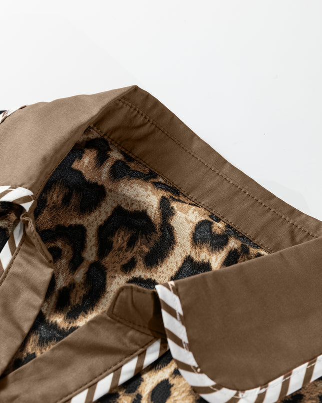 Brown Leopard Collared 3/4 Sleeve Shirt and Loose Pants Two Piece Outfit Set