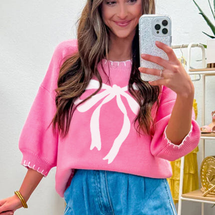 Sachet Pink Big Ribbon Bow Print Contrast Stitch Trim Drop Shoulder Sweater