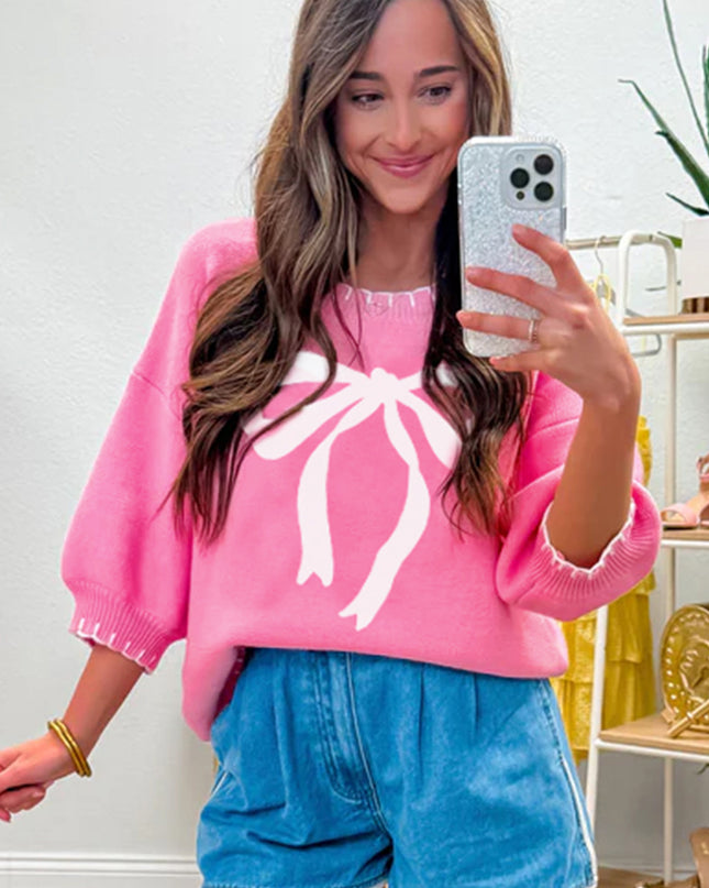Sachet Pink Big Ribbon Bow Print Contrast Stitch Trim Drop Shoulder Sweater