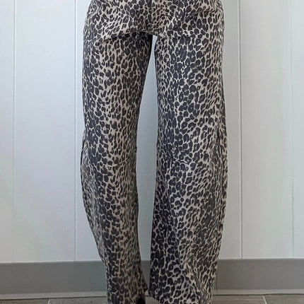 Black Leopard Print High Waist Barrel Jeans