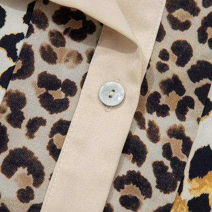 Khaki Mixed Leopard Patchwork 3/4 Sleeve Loose Shirt