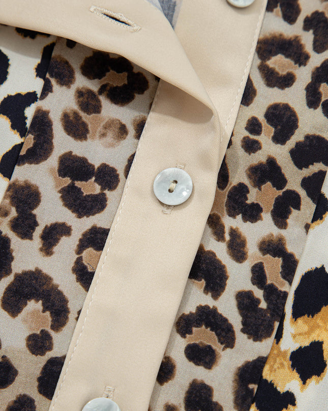 Khaki Mixed Leopard Patchwork 3/4 Sleeve Loose Shirt