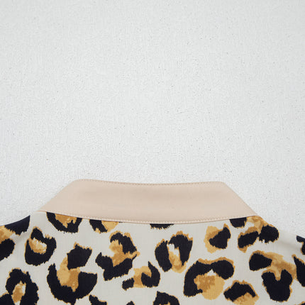 Khaki Mixed Leopard Patchwork 3/4 Sleeve Loose Shirt