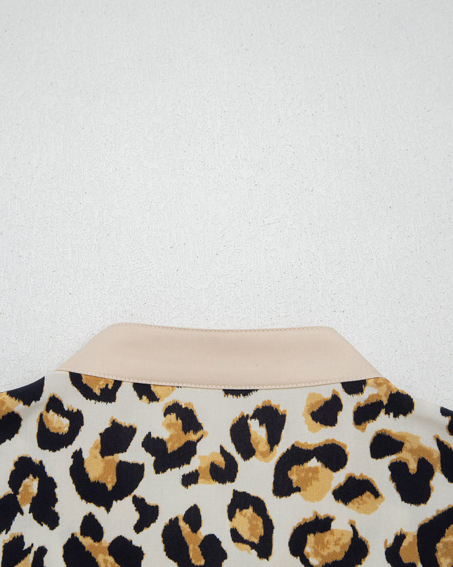 Khaki Mixed Leopard Patchwork 3/4 Sleeve Loose Shirt