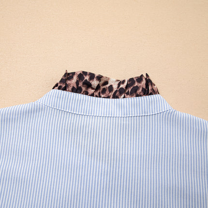 Sky Blue Stripe Ruffled Leopard Patchwork Long Sleeve Button Down Loose Shirt