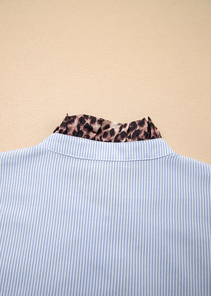 Sky Blue Stripe Ruffled Leopard Patchwork Long Sleeve Button Down Loose Shirt
