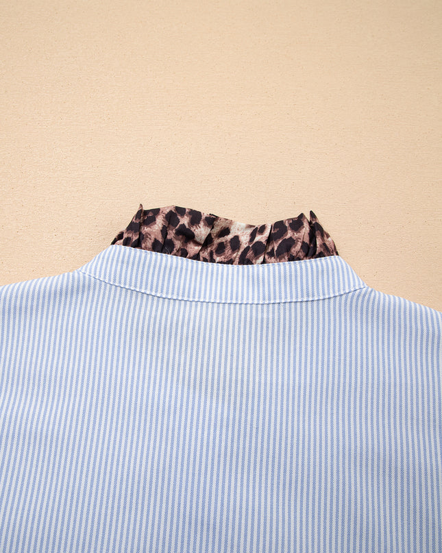 Sky Blue Stripe Ruffled Leopard Patchwork Long Sleeve Button Down Loose Shirt