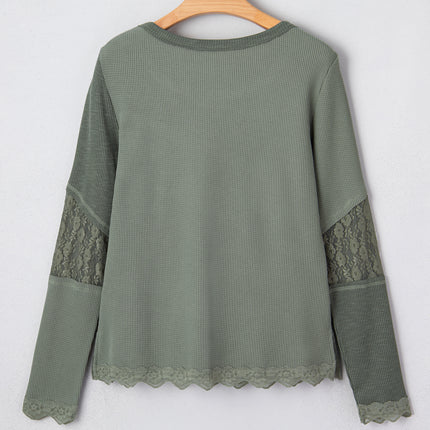 Sage Green Solid Color Waffle Ribbed Lace Patchwork Long Sleeve Top
