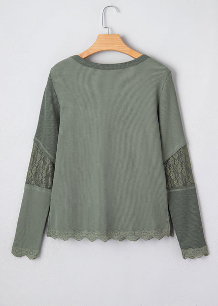 Sage Green Solid Color Waffle Ribbed Lace Patchwork Long Sleeve Top