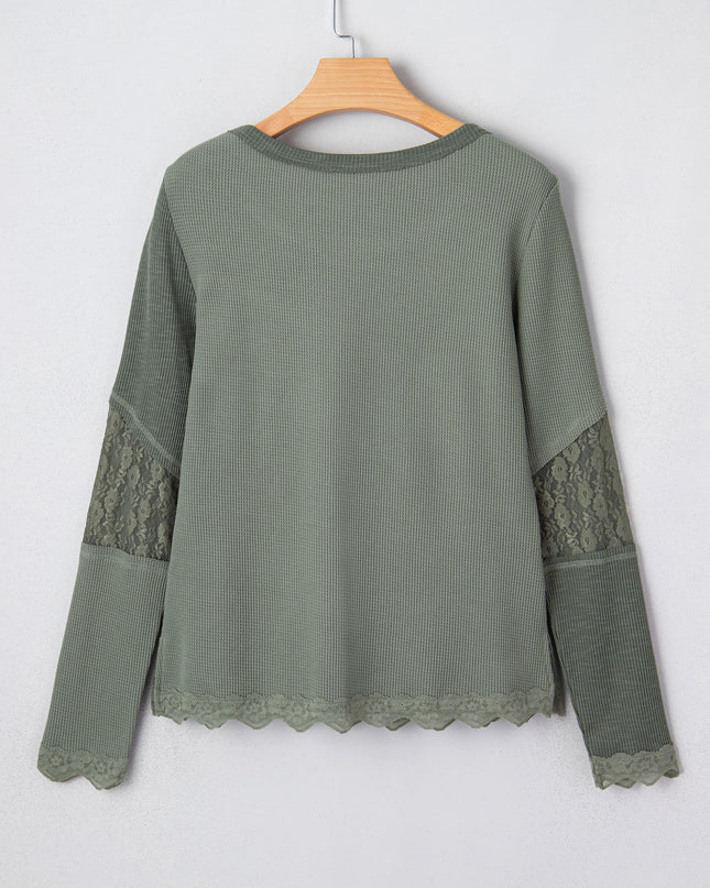 Sage Green Solid Color Waffle Ribbed Lace Patchwork Long Sleeve Top