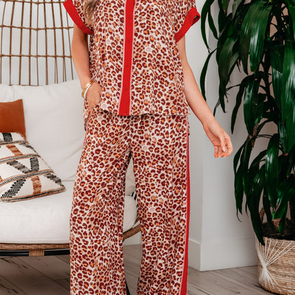 Brown Contrast Trim Leopard Top and Pant Set