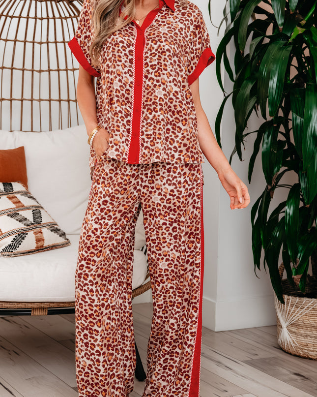 Brown Contrast Trim Leopard Top and Pant Set