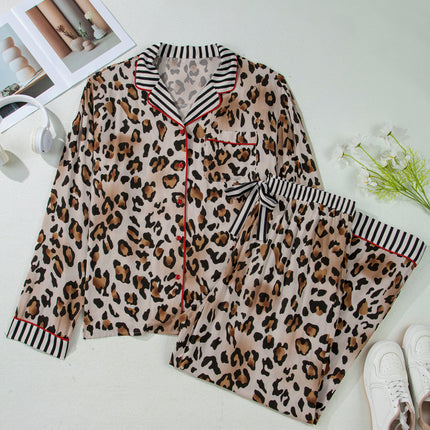 Khaki Plus Leopard Print Contrast Piping Striped Patchwork 2pcs Long Pajama Set