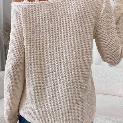 Jet Stream Solid Color Textured Knit Asymmetric Shoulder Long Sleeve Top