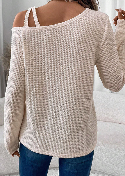 Jet Stream Solid Color Textured Knit Asymmetric Shoulder Long Sleeve Top