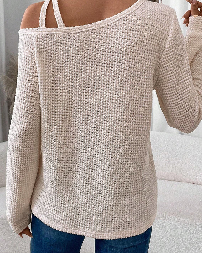 Jet Stream Solid Color Textured Knit Asymmetric Shoulder Long Sleeve Top