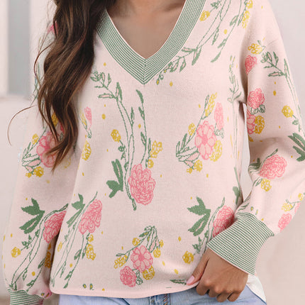 Pink Floral Pattern Striped V Neck Loose Sweater
