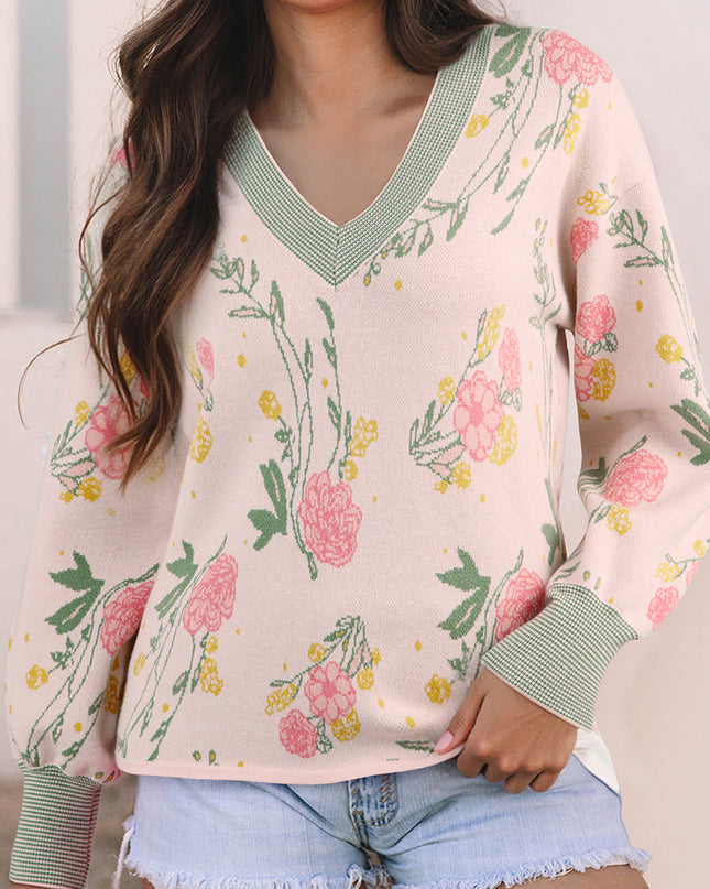 Pink Floral Pattern Striped V Neck Loose Sweater